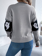 Halloween Trui Dames – Gebreide Trui met Spookmotieven in Zwart & Grijs