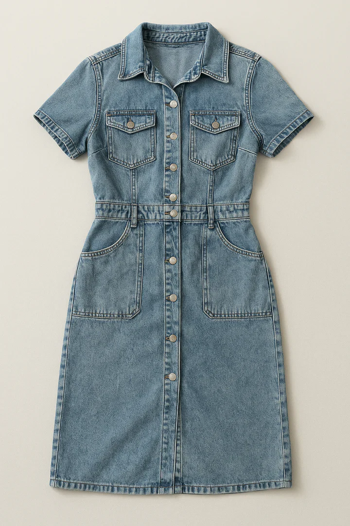 Eva blauwe denim jurk met knoopsluiting en korte mouwen – stoer & vrouwelijk