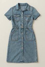 Eva blauwe denim jurk met knoopsluiting en korte mouwen – stoer & vrouwelijk