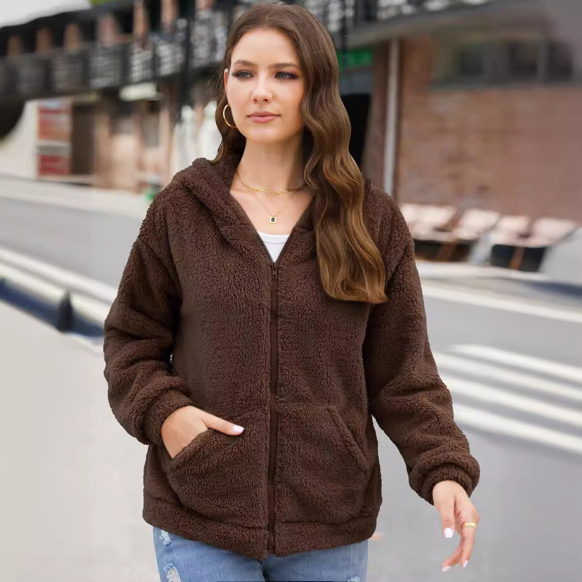 Dames fleece winterjas – zachte zwarte jas met rits, warm en comfortabel