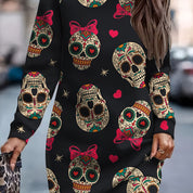 Mini Jurk Dames – Gebreide Jurk met Digitale Print en Lange Mouwen