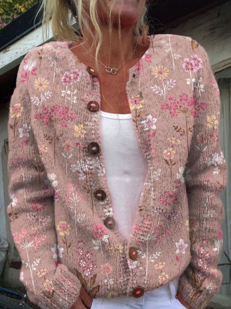 Gebreide Cardigan Dames – Vest met Knopen & Bloemenprint | Comfortabele Damestrui