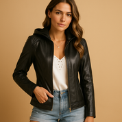 Faux leren jas met capuchon voor dames | Jasmijn