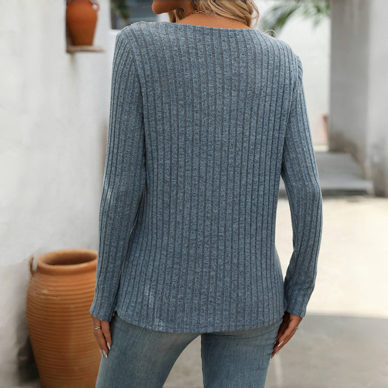 Effen Casual Damesblouse – V-Hals Blouse met Knoopdetails en Lange Mouwen