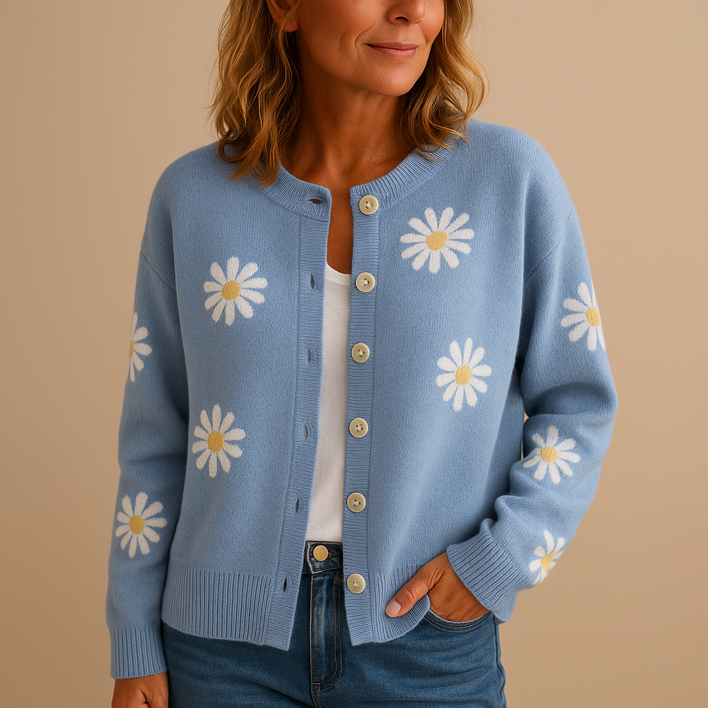 Marije Gebreid Damesvest – Vest met Bloemenpatroon en Knoopsluiting