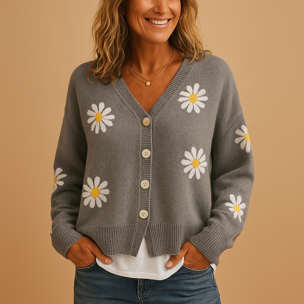 Marije Gebreid Damesvest – Vest met Bloemenpatroon en Knoopsluiting