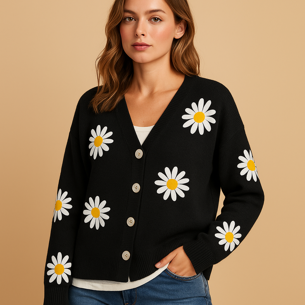 Marije Gebreid Damesvest – Vest met Bloemenpatroon en Knoopsluiting