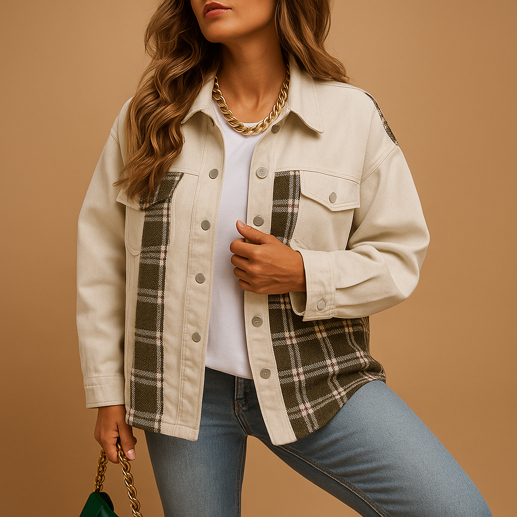Geruite denim-look jas dames – Linde relaxed fit in rood, zwart & beige