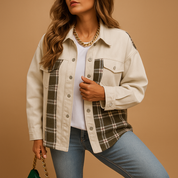 Geruite denim-look jas dames – Linde relaxed fit in rood, zwart & beige