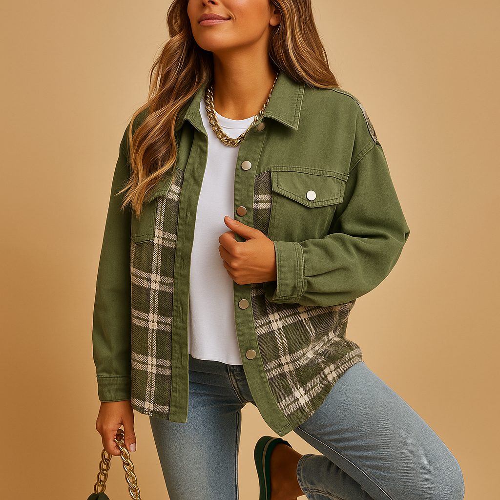 Geruite denim-look jas dames – Linde relaxed fit in rood, zwart & beige