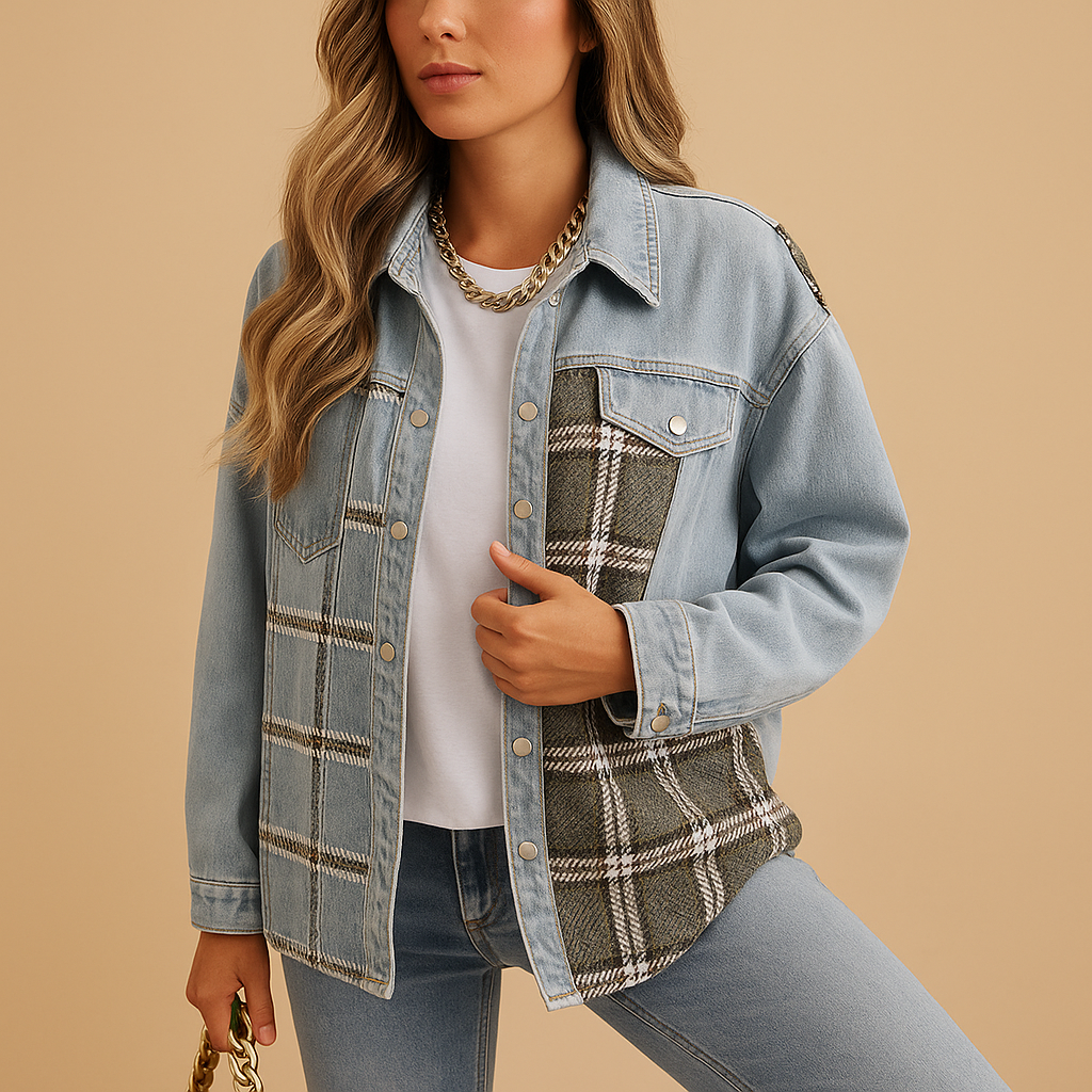 Geruite denim-look jas dames – Linde relaxed fit in rood, zwart & beige