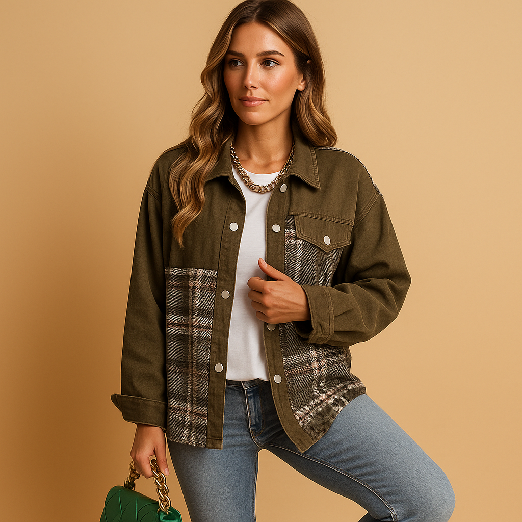 Geruite denim-look jas dames – Linde relaxed fit in rood, zwart & beige
