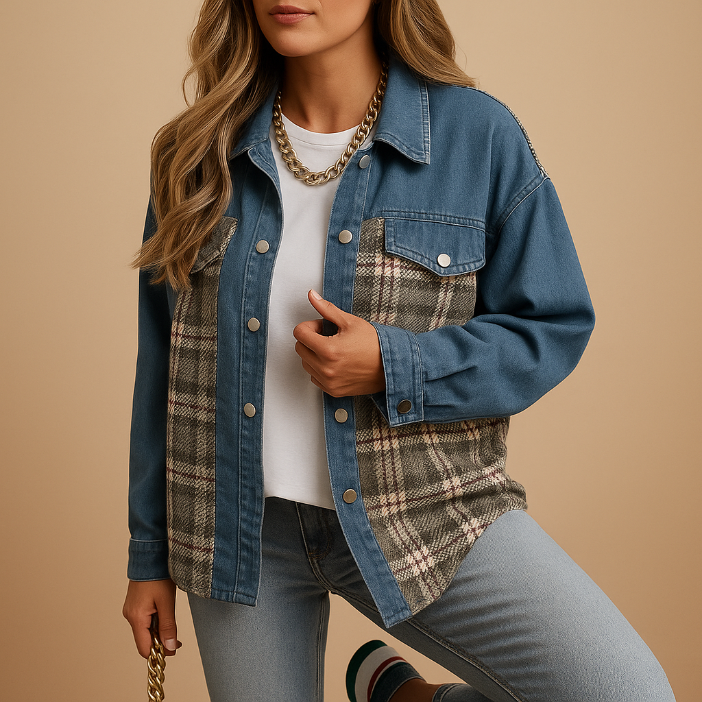 Geruite denim-look jas dames – Linde relaxed fit in rood, zwart & beige