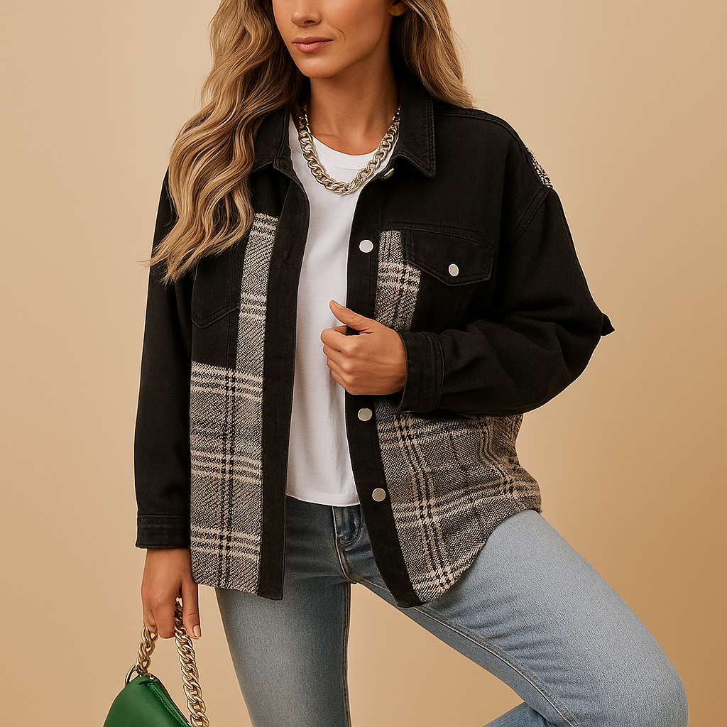 Geruite denim-look jas dames – Linde relaxed fit in rood, zwart & beige