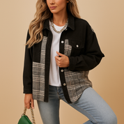 Geruite denim-look jas dames – Linde relaxed fit in rood, zwart & beige