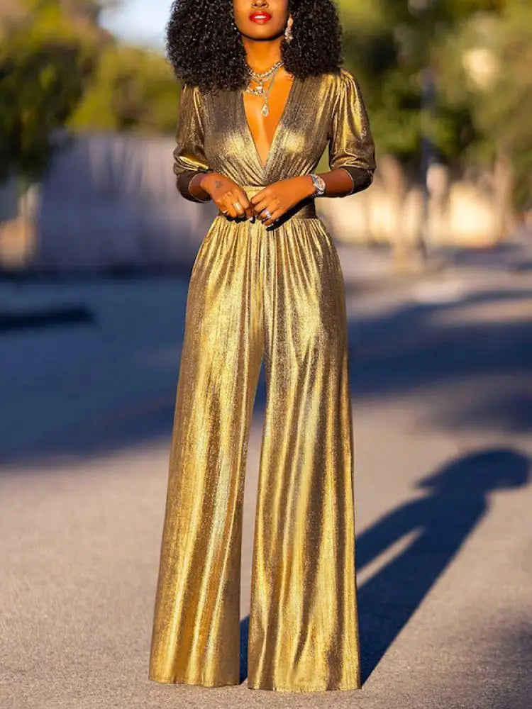 HELENA dames jumpsuit – glanzende avond jumpsuit met V-hals & wijde pijpen