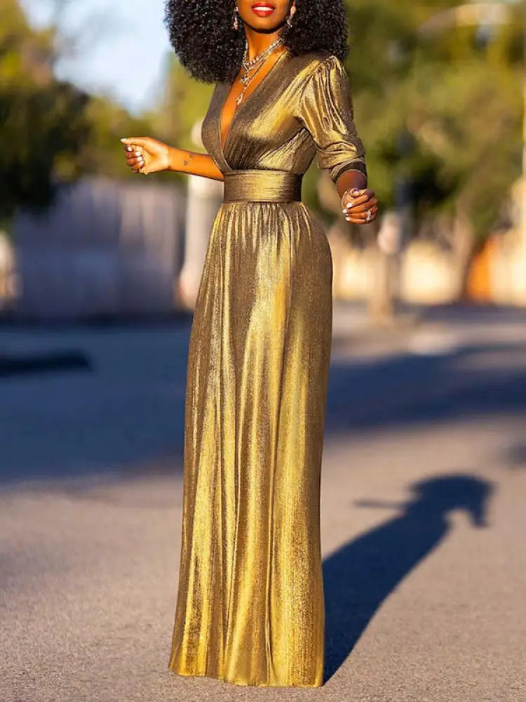 HELENA dames jumpsuit – glanzende avond jumpsuit met V-hals & wijde pijpen