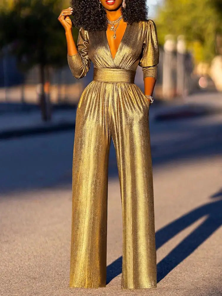 HELENA dames jumpsuit – glanzende avond jumpsuit met V-hals & wijde pijpen