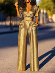 HELENA dames jumpsuit – glanzende avond jumpsuit met V-hals & wijde pijpen