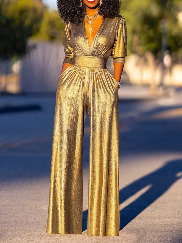 HELENA dames jumpsuit – glanzende avond jumpsuit met V-hals & wijde pijpen