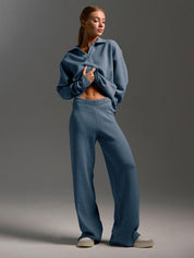 Dames Loungewear Set – Gebreide Tweedelige Set met Oversized Trui, Kraag & Wijde Broek