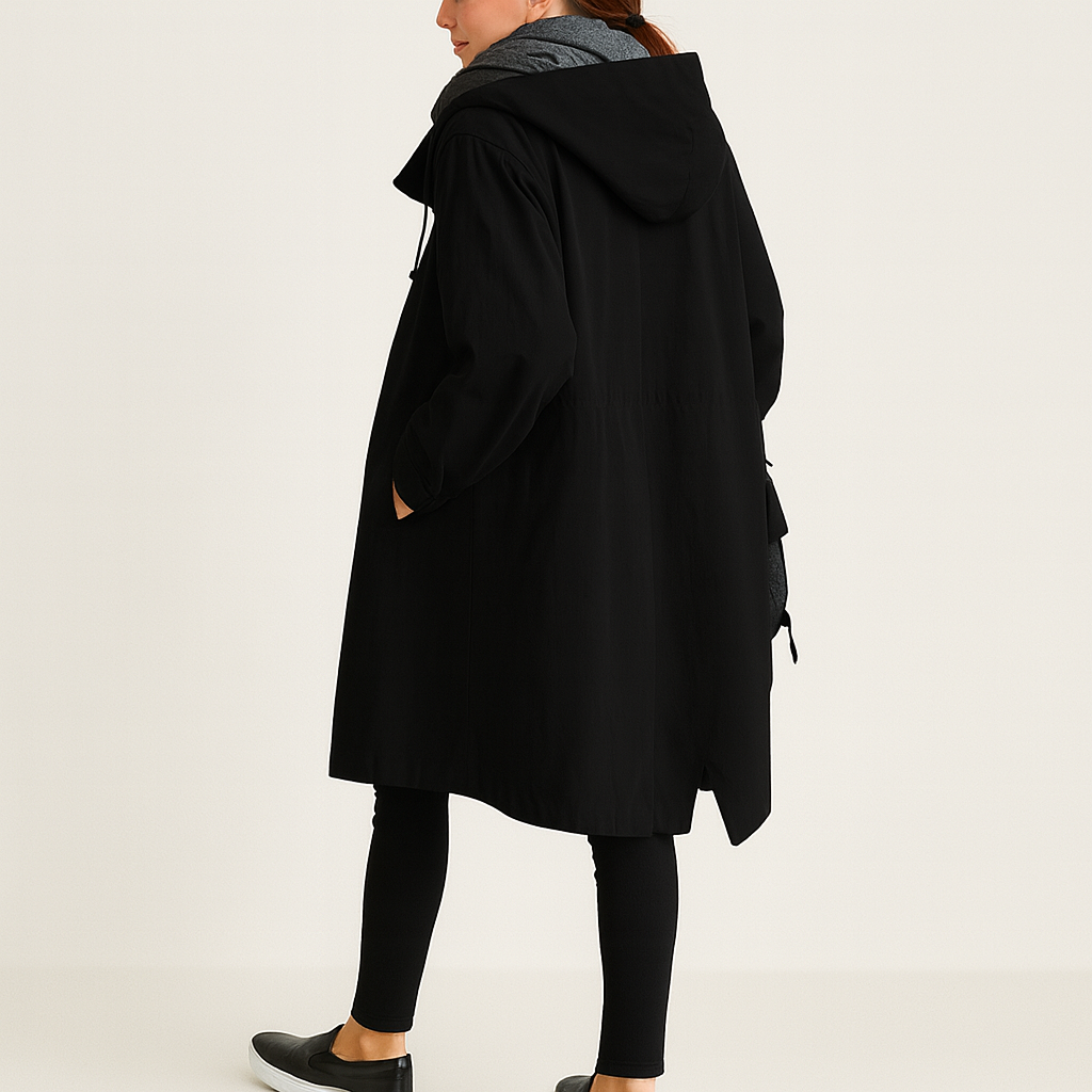 Elegante waterdichte regenmantel dames – driekwart jas met capuchon en ceintuur