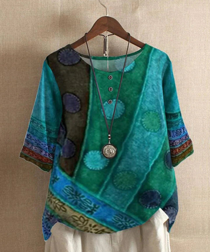 Rita Stijlvolle Top Dames – Luchtige herfst top met Kleurrijke Wijnoogstprint