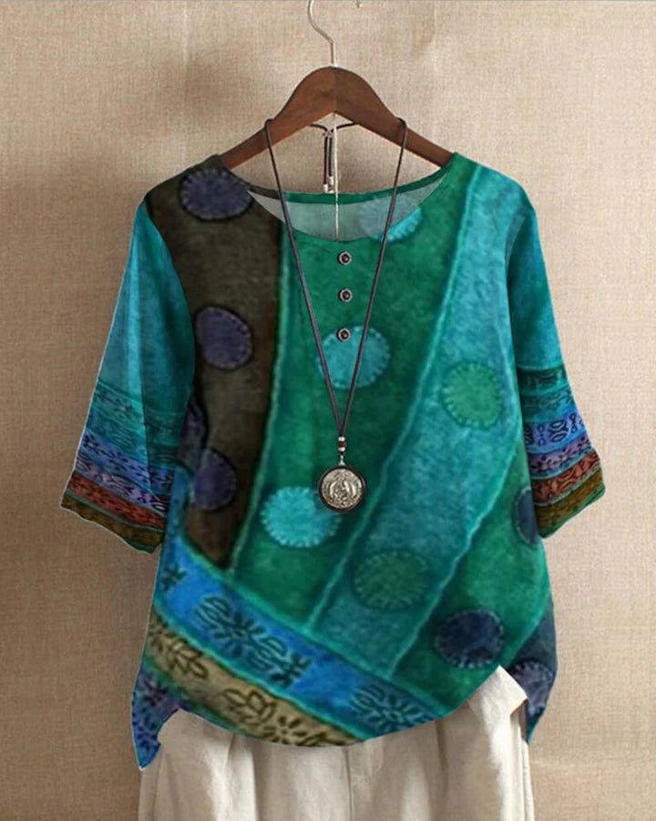 Rita Stijlvolle Top Dames – Luchtige herfst top met Kleurrijke Wijnoogstprint