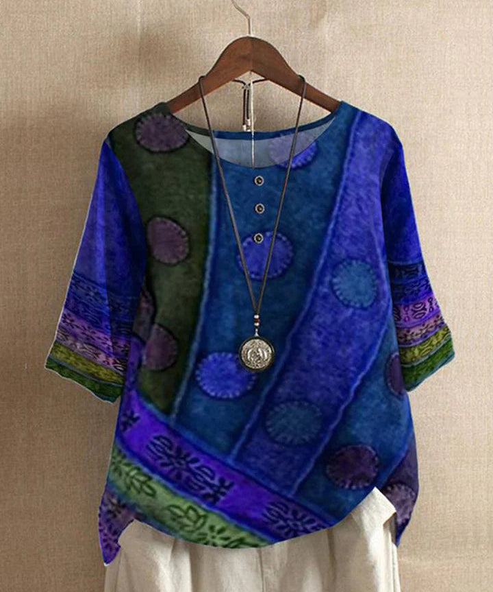 Rita Stijlvolle Top Dames – Luchtige herfst top met Kleurrijke Wijnoogstprint