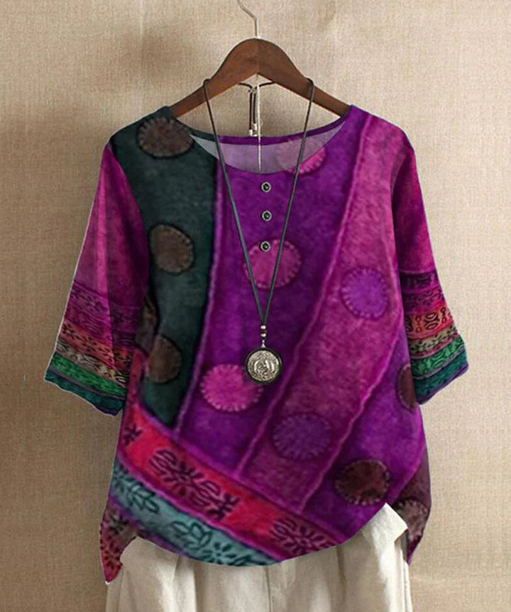 Rita Stijlvolle Top Dames – Luchtige herfst top met Kleurrijke Wijnoogstprint