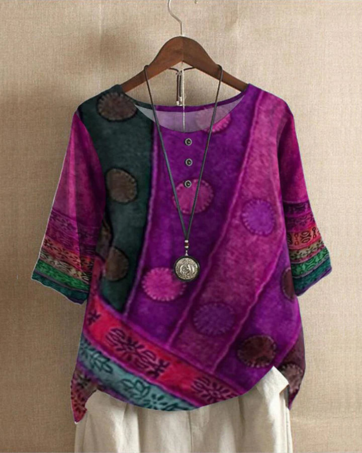 Rita Stijlvolle Top Dames – Luchtige herfst top met Kleurrijke Wijnoogstprint