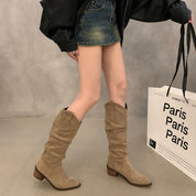 Dames kniehoge laarzen suède look – slouchy pasvorm met blokhak