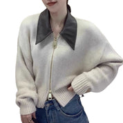 Dames gebreid vestjack – cropped model met leren kraag & ritssluiting