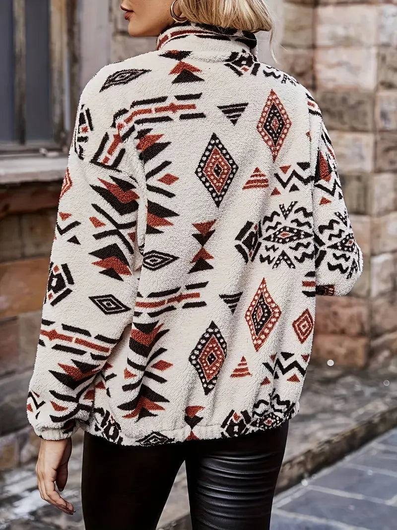 Dames jas fleece – relaxed fit met geometrisch patroon & ritssluiting