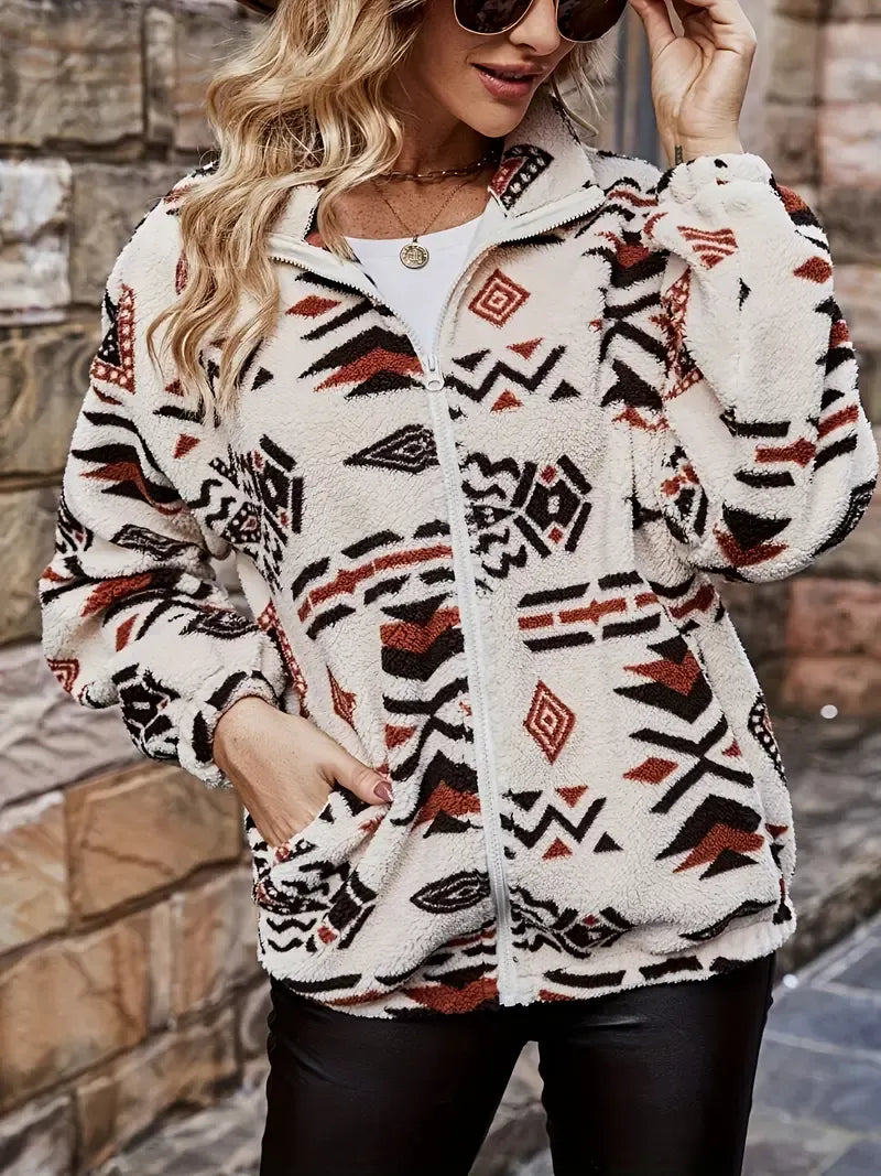 Dames jas fleece – relaxed fit met geometrisch patroon & ritssluiting