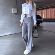 Dames tweedelige set – cropped overhemd met kraag & flared hoge taille broek