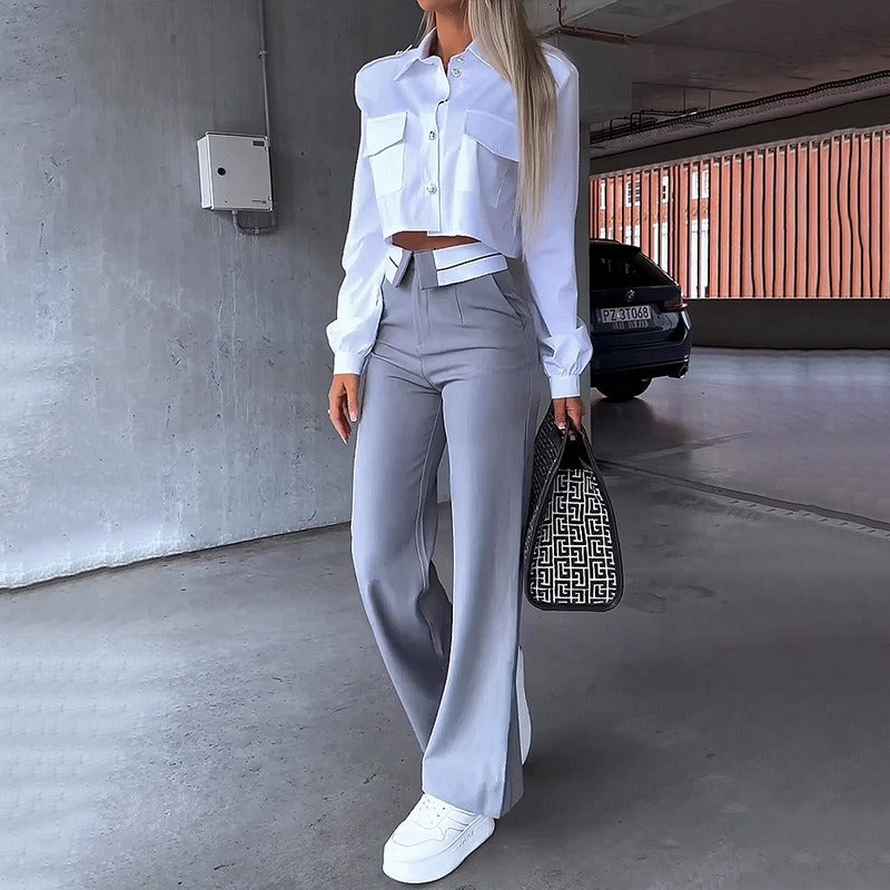 Dames tweedelige set – cropped overhemd met kraag & flared hoge taille broek