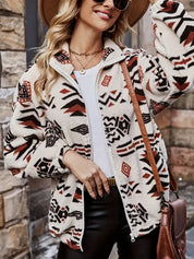 Dames jas fleece – relaxed fit met geometrisch patroon & ritssluiting