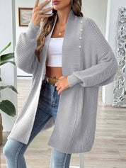 Dames lang vest – losse pasvorm met sjaalkraag & pareldetail