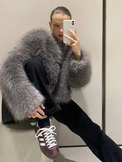 Dames cropped jas imitatiebont – shaggy textuur & open voorzijde