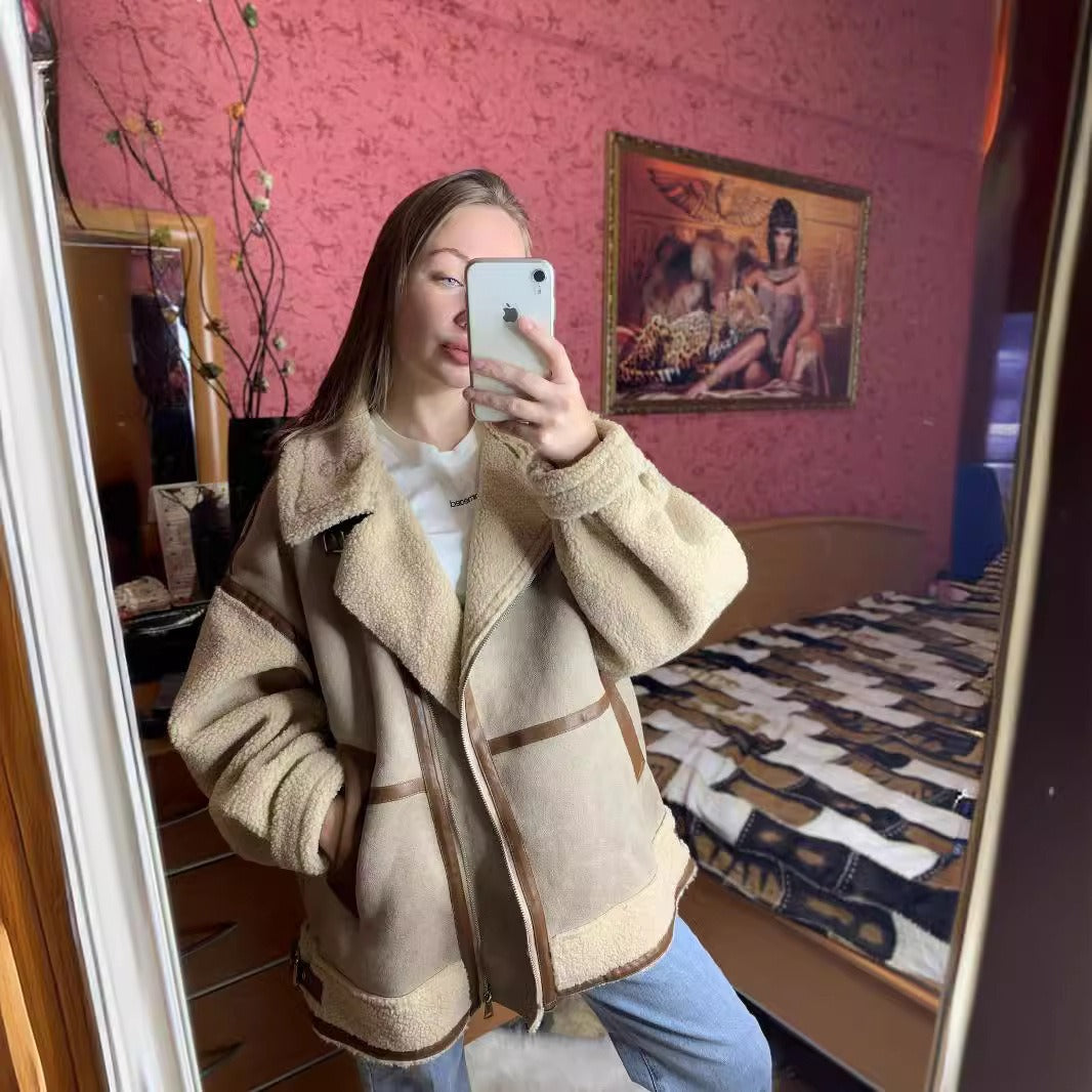 Dames motorjack oversized – shearling & suède look met notch revers