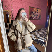 Dames motorjack oversized – shearling & suède look met notch revers