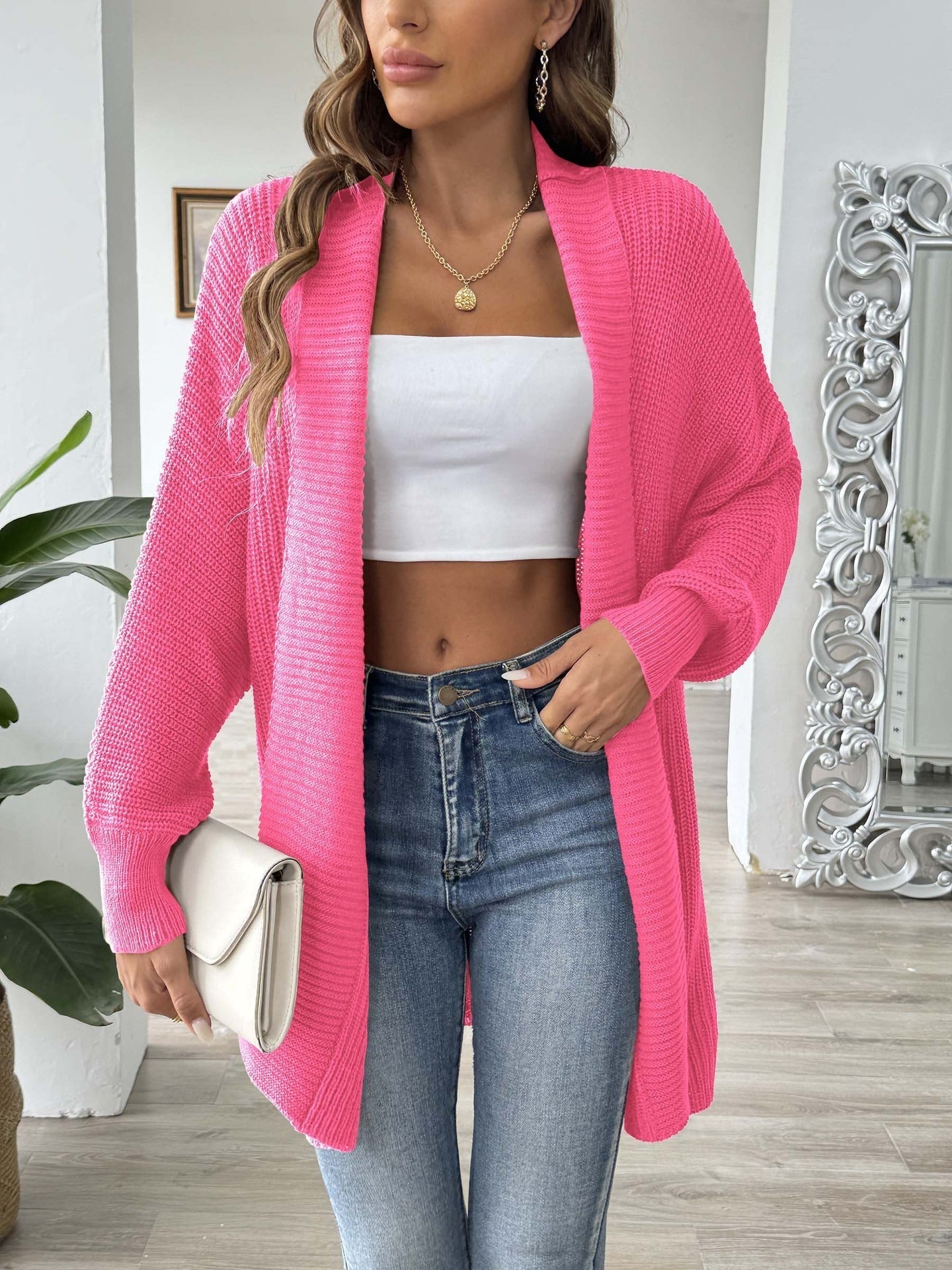Dames lang vest – losse pasvorm met sjaalkraag & pareldetail