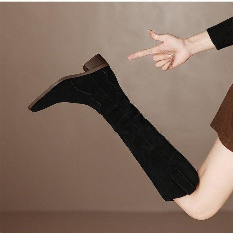 Dames kniehoge laarzen suède look – slouchy pasvorm met blokhak