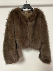 Dames cropped jas imitatiebont – shaggy textuur & open voorzijde