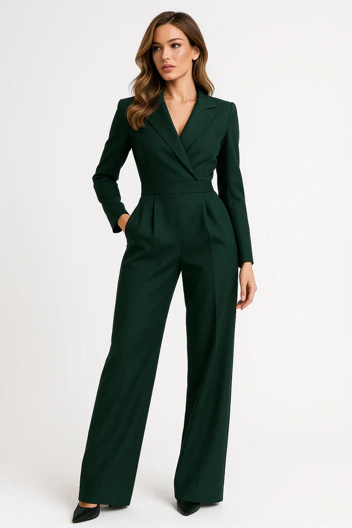 Luxe blazer jumpsuit dames – elegante V-hals jumpsuit met wide-leg pasvorm