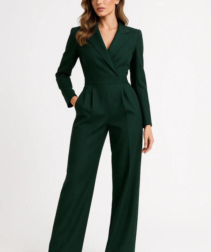 Luxe blazer jumpsuit dames – elegante V-hals jumpsuit met wide-leg pasvorm