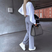 Dames tweedelige set – cropped overhemd met kraag & flared hoge taille broek
