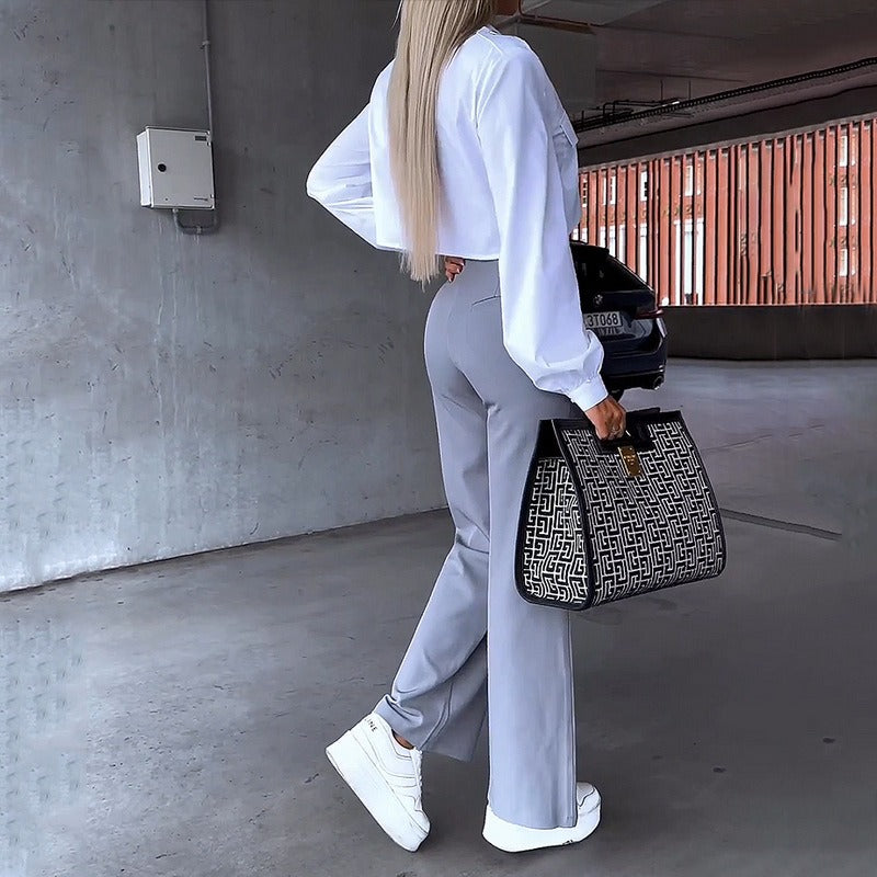Dames tweedelige set – cropped overhemd met kraag & flared hoge taille broek