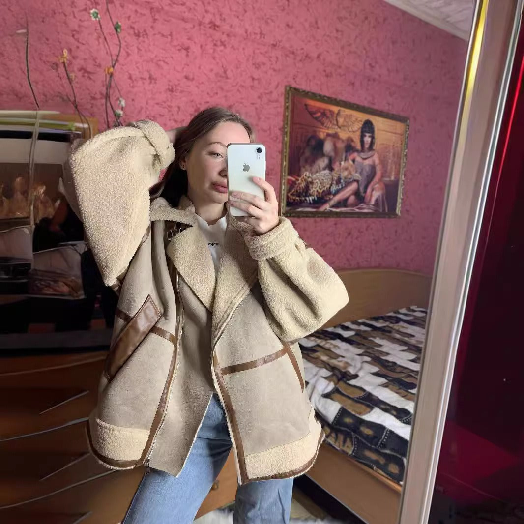 Dames motorjack oversized – shearling & suède look met notch revers